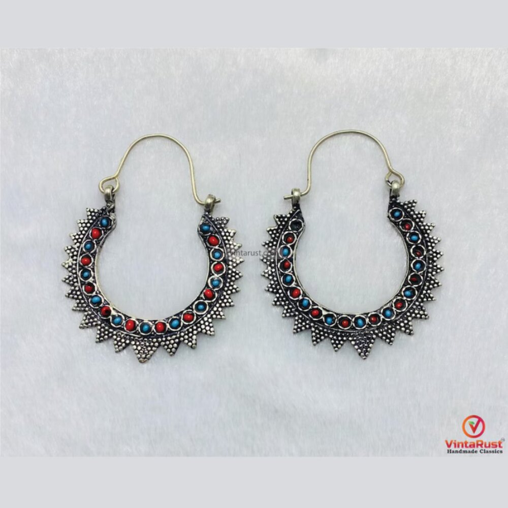 Handmade Ethnic Silver Hoop Earrings: Vintage-Inspired Boho Earrings for Women
